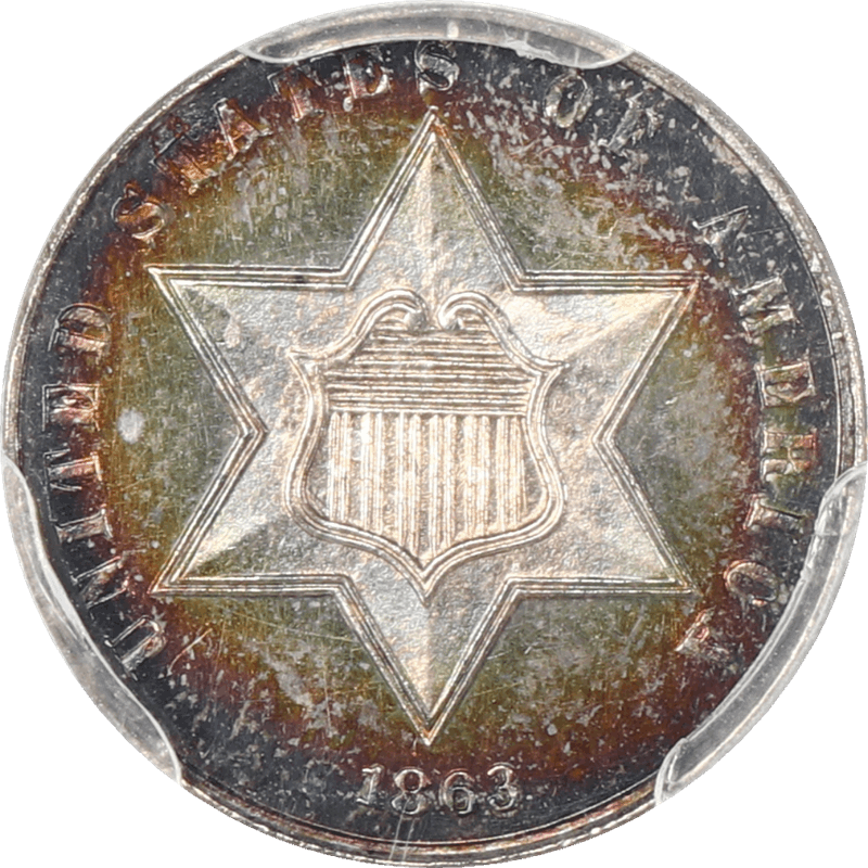 1863 Three Cent Silver 3CS, PCGS PR 66 + CAC - Beautifully Toned Registry Coin