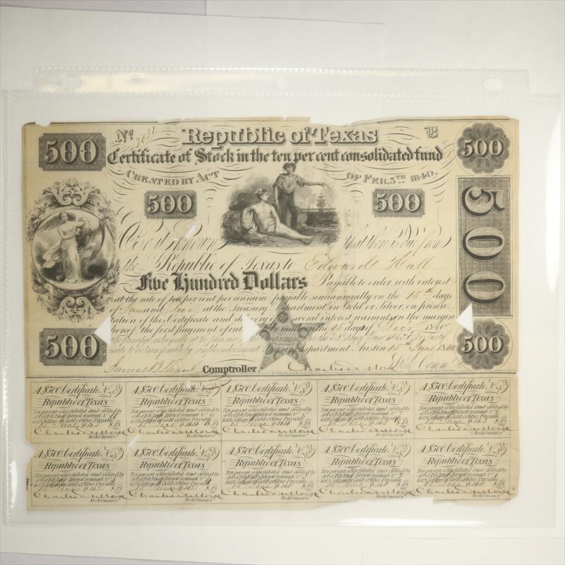 1840 Republic of Texas $500 Certificate of Stock, S/N 2031, Circulated -    Fine