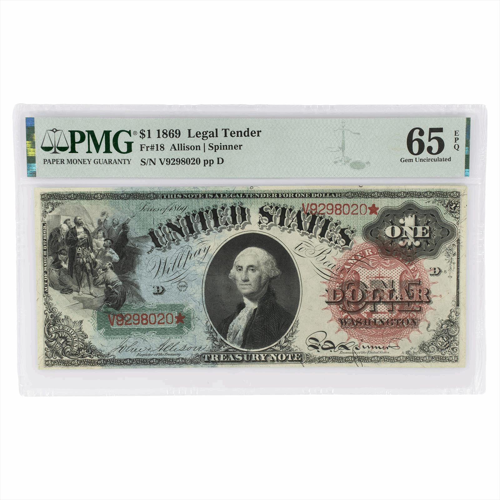 1869 $1 LEGAL TENDER, Fr. 18 PMG  65 EPQ V9298020 - Lovely Rainbow Note
