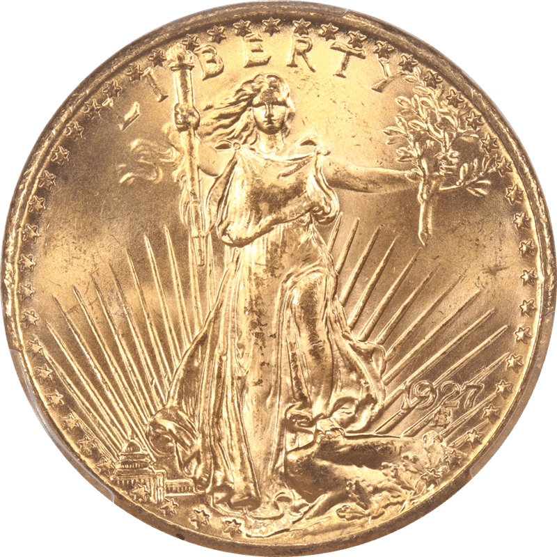 1927 St Gaudens $20 Gold Double Eagle PCGS and CAC MS66 PQ+ Coin with a Brilliant Luster