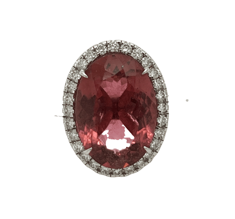 5.6ct Oval Cut Rubellite Tourmaline Ring with Diamond Halo Accents in 14k White Gold 