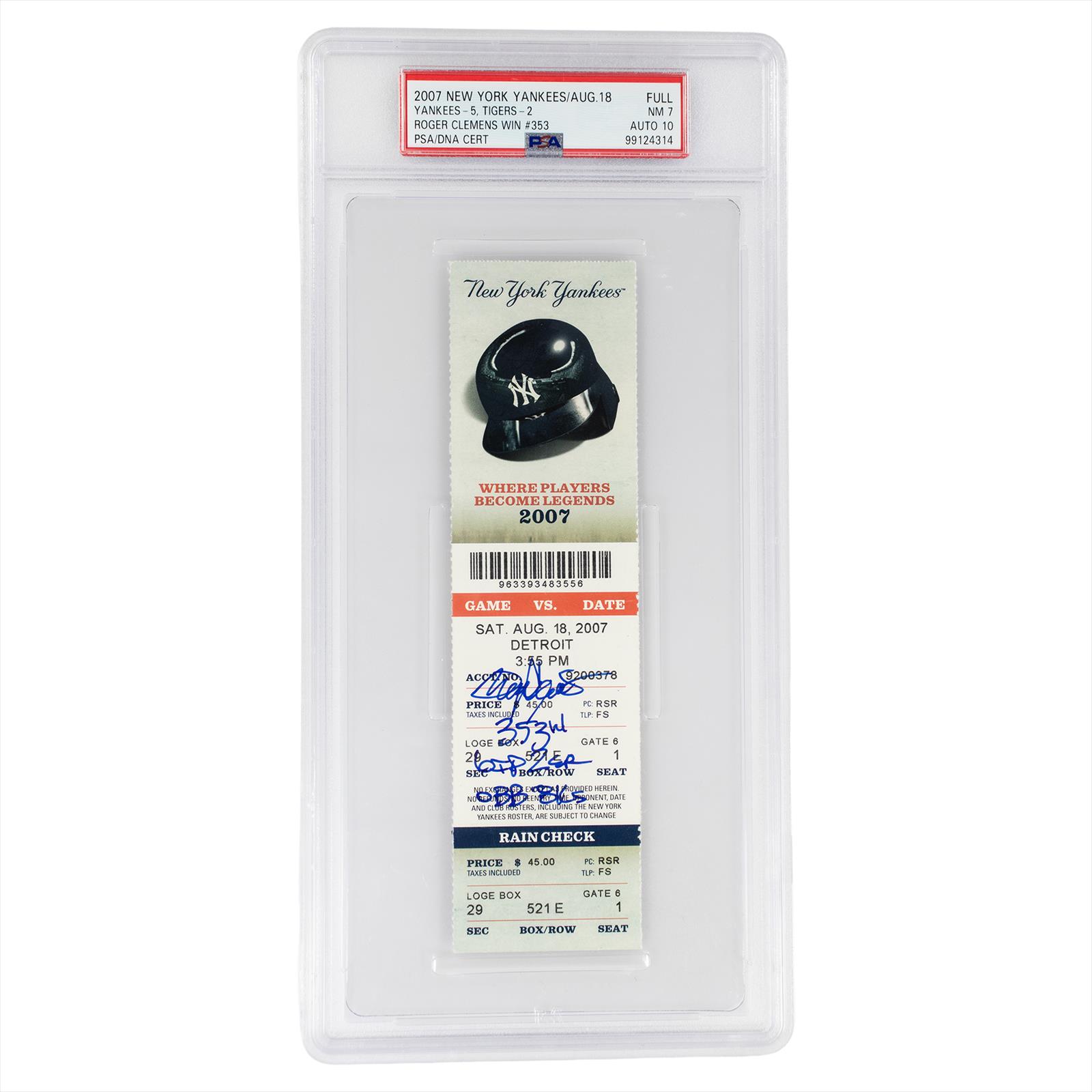 2007 NY Yankees/Aug.18 Yankees-5 Tigers-2 Roger Clemens Win #353 PSA/DNA NM 7 AUTO 10
