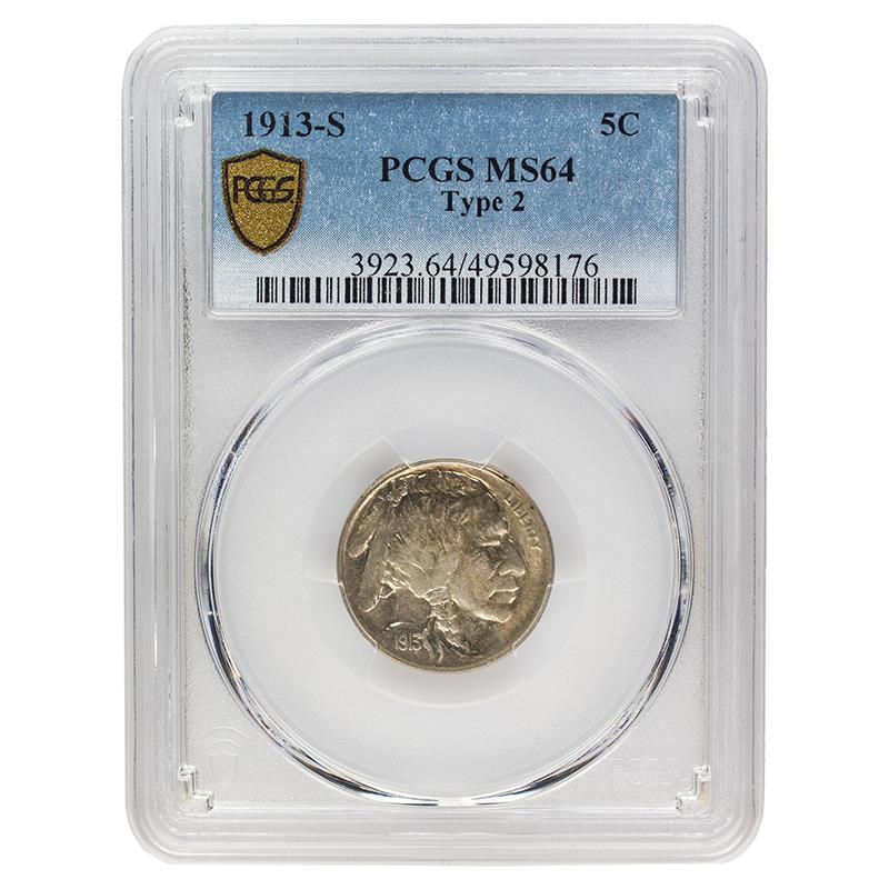 1913-S Type 2 Buffalo Nickel, 5C PCGS MS 64