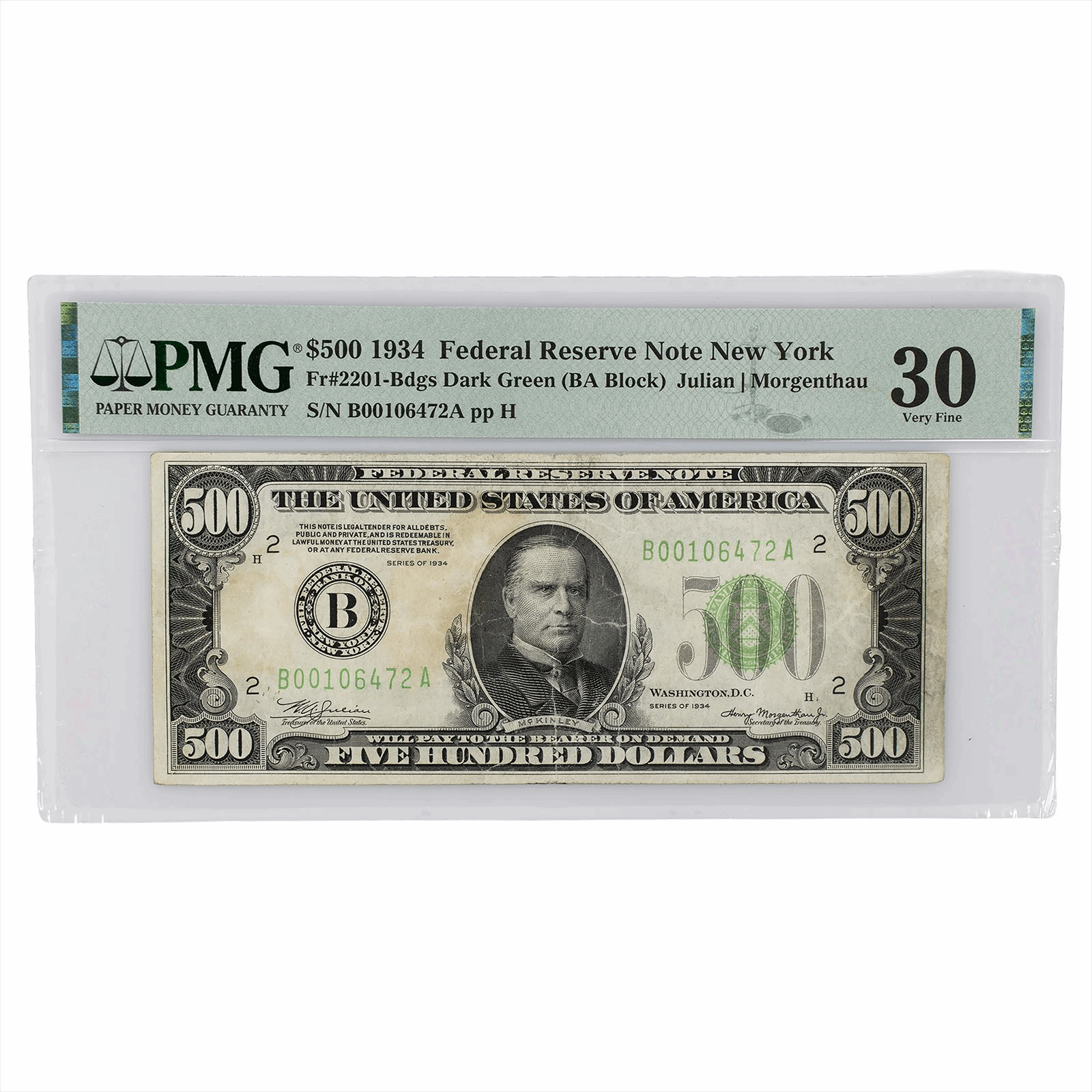 1934 $500 Federal Reserve Note New York FR2201 PMG 30 Very Fine