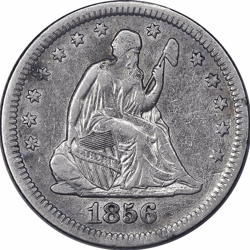 1856 No Motto, Seated Liberty Quarter 25c Circulated Extra Fine - Damaged