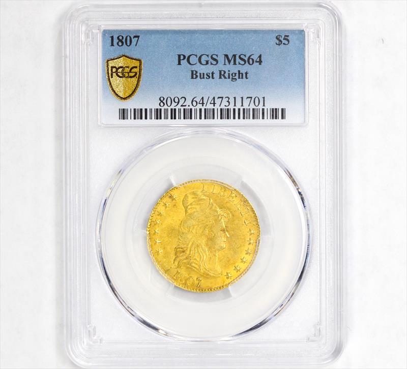 1807 $5 Gold Draped Bust Half Eagle - PCGS MS64  - POP 9/4 - Tough Coin!