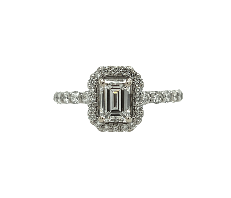 1.17cttw Diamond Engagement Ring with GIA Certified Emerald Cut Center Diamond and Halo Accents in 14k White Gold 
