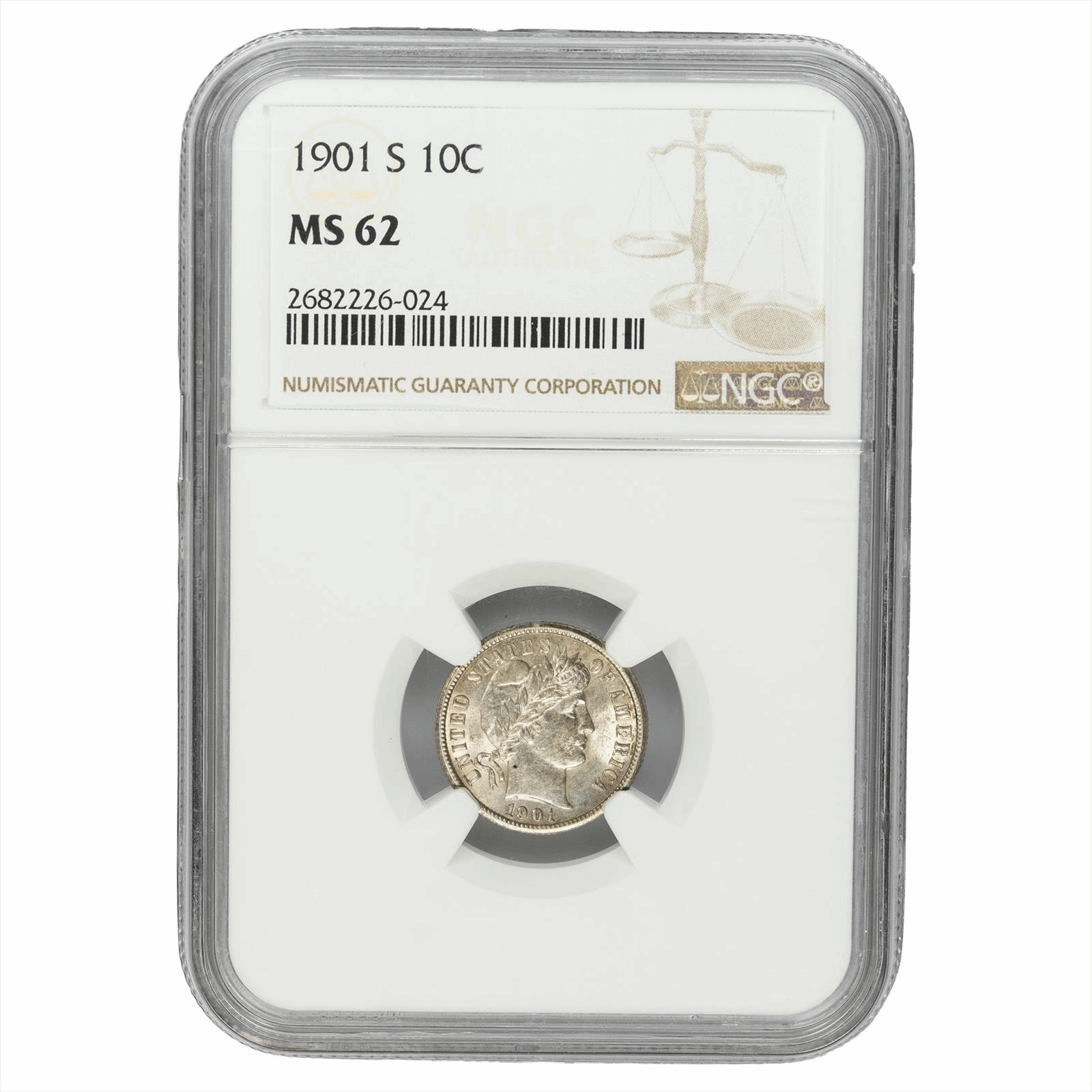 1901-S Barber Dime 10C NGC MS 62 - Key Date