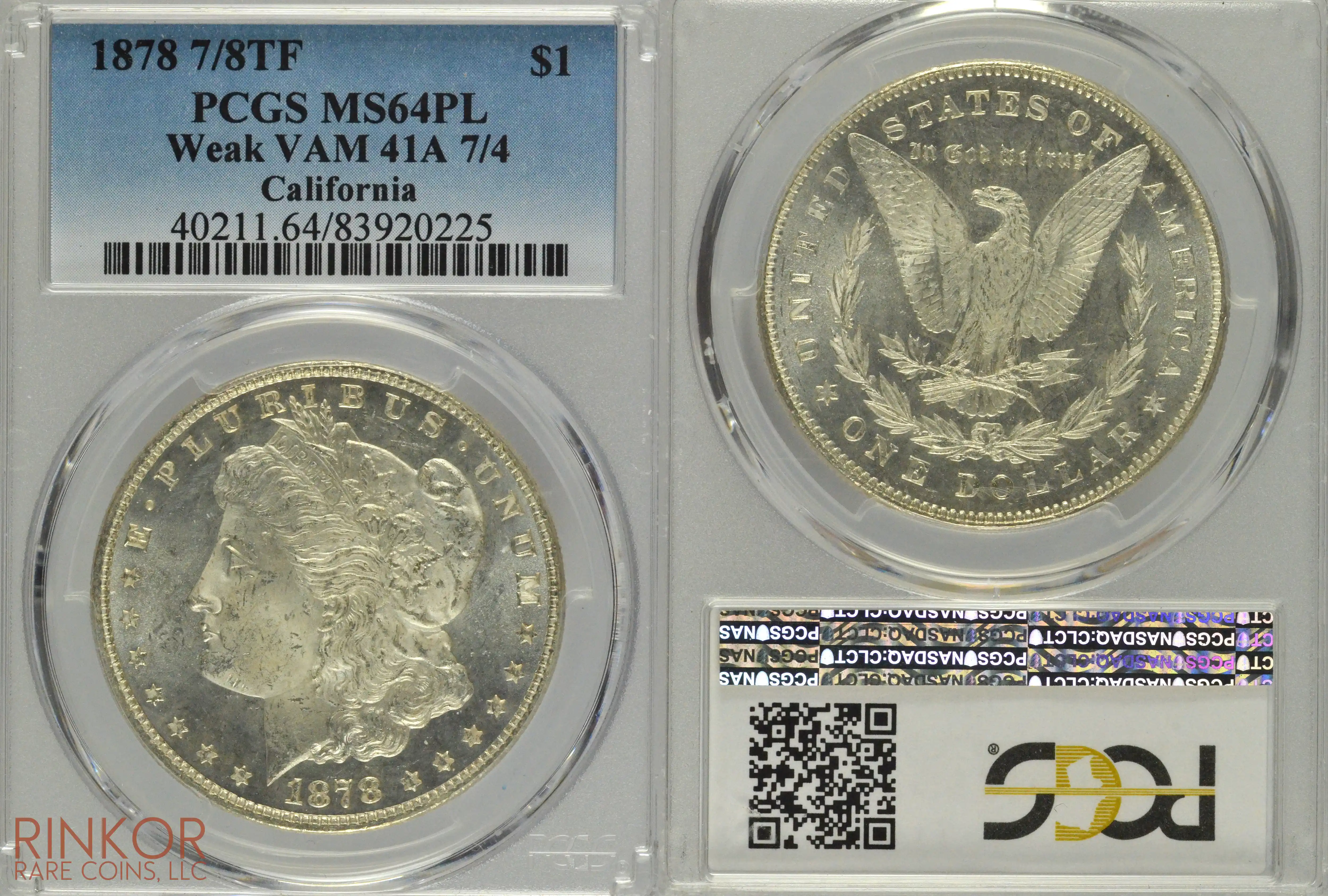 1878 7/8TF Weak VAM 41A 7/4 $1 PCGS MS 64 PL