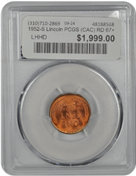 1952-S Lincoln PCGS (CAC) RD 67+ 