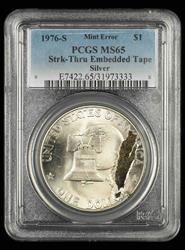 1976-S Silver $1 Mint Error Struck Thru Embedded Tape PCGS MS65