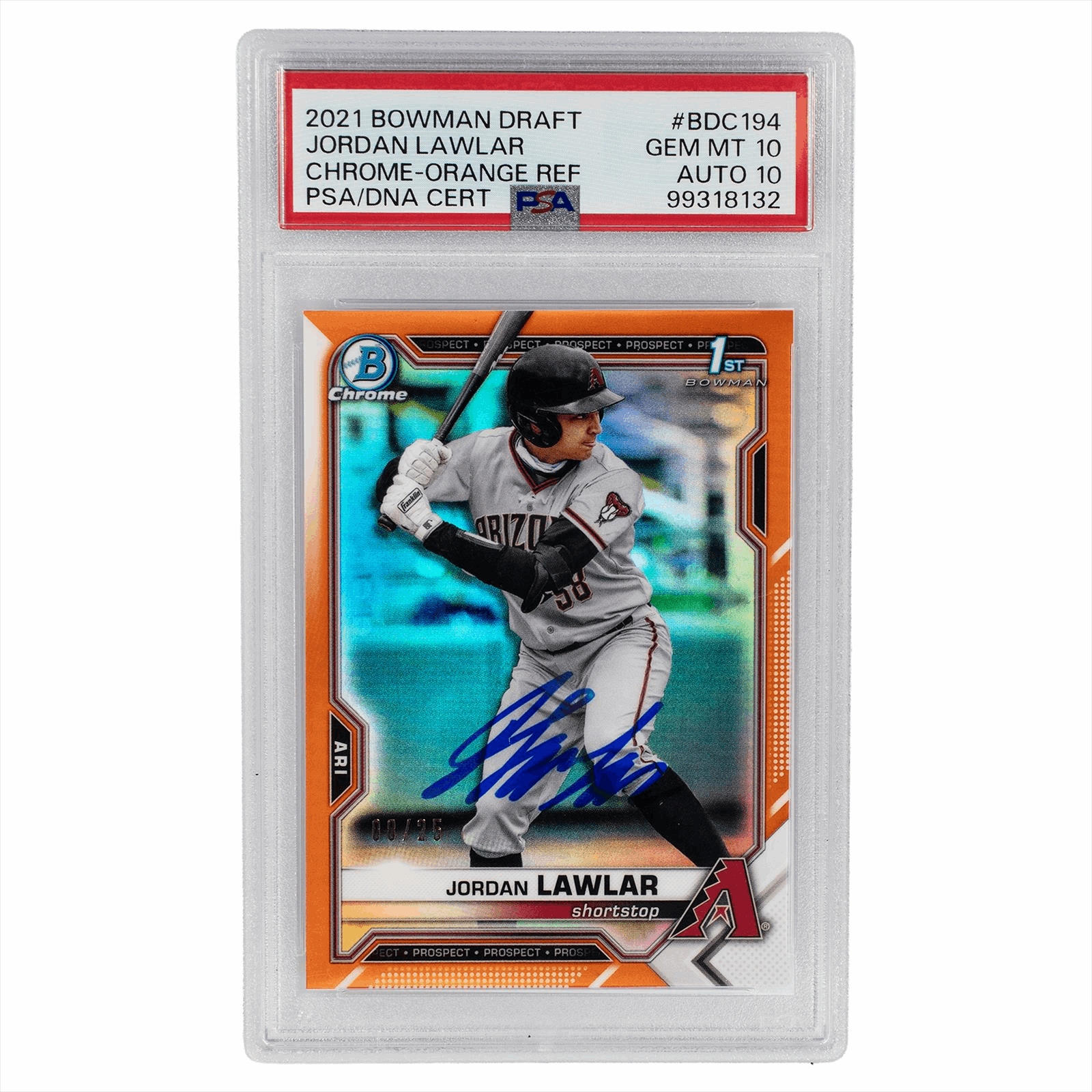 2021 Bowman Draft Jordan Lawlar Chrome-Orange Ref PSA/DNA Gem Mint 10 Auto 10