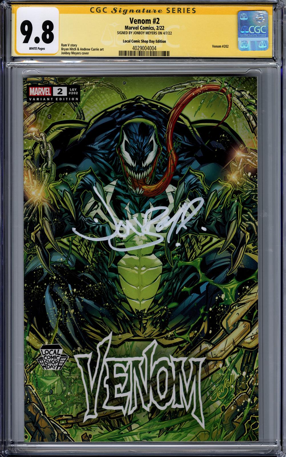 Venom #2 CGC Signature Series 9.8 (Marvel, 2022) Signed by Jonboy Meyers 