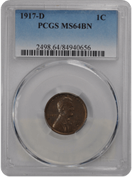 1917-D 1C Lincoln Cent - Type 1 Wheat Reverse PCGS BN #3470-3 MS64