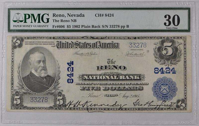 1902 Plain Back $5 Fr. 606 Charter #8424 PMG VF-30