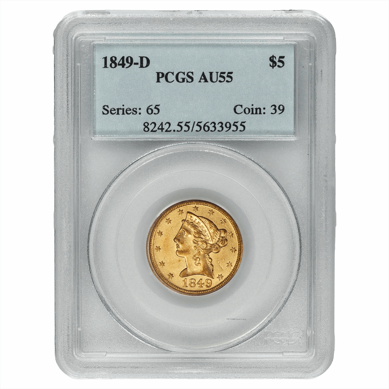 1849-D Liberty Head Half Eagle $5 PCGS AU 55