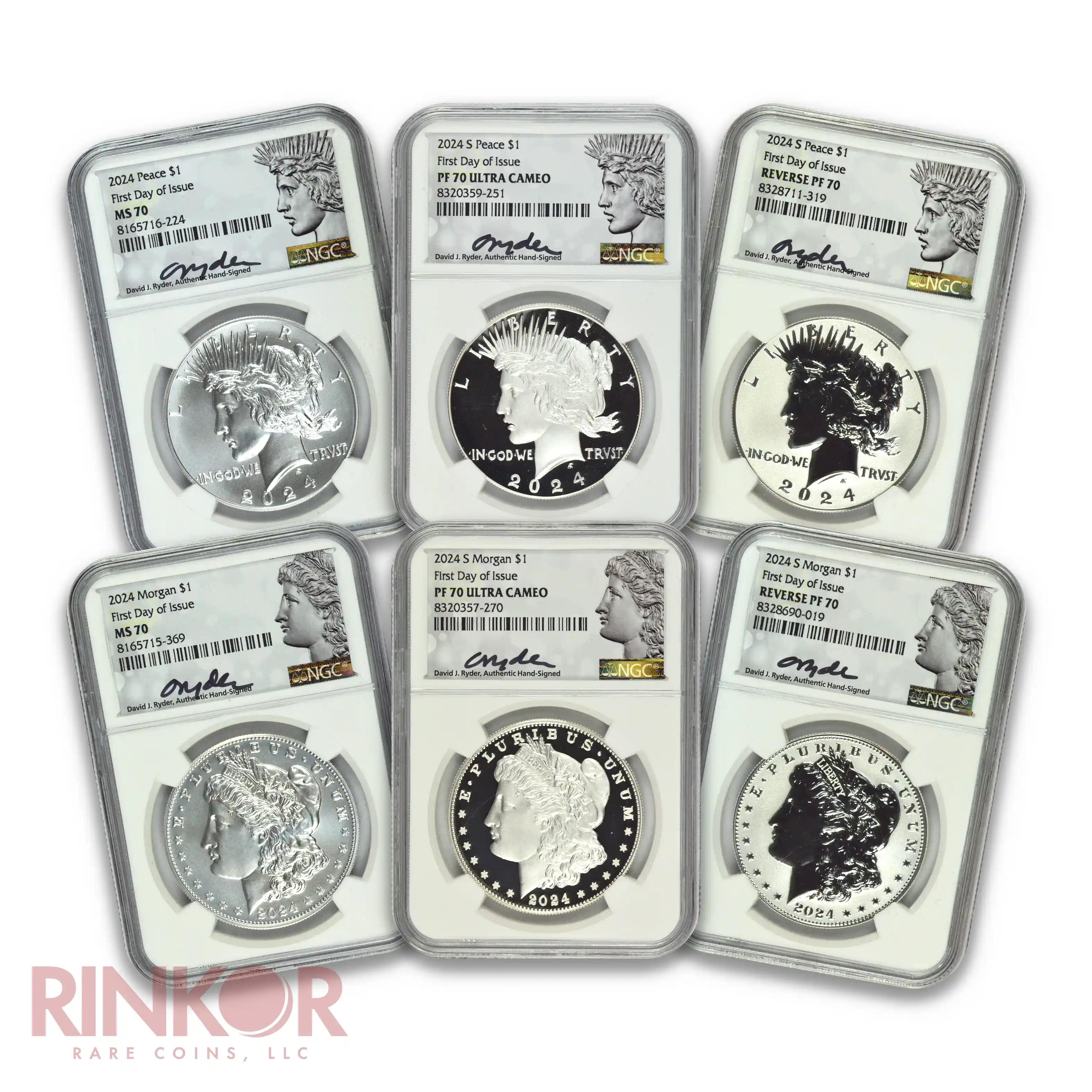2024 $1 Morgan and Peace Dollar 6-Coin Set FDOI Ryder Sig NGC MS/PF 70