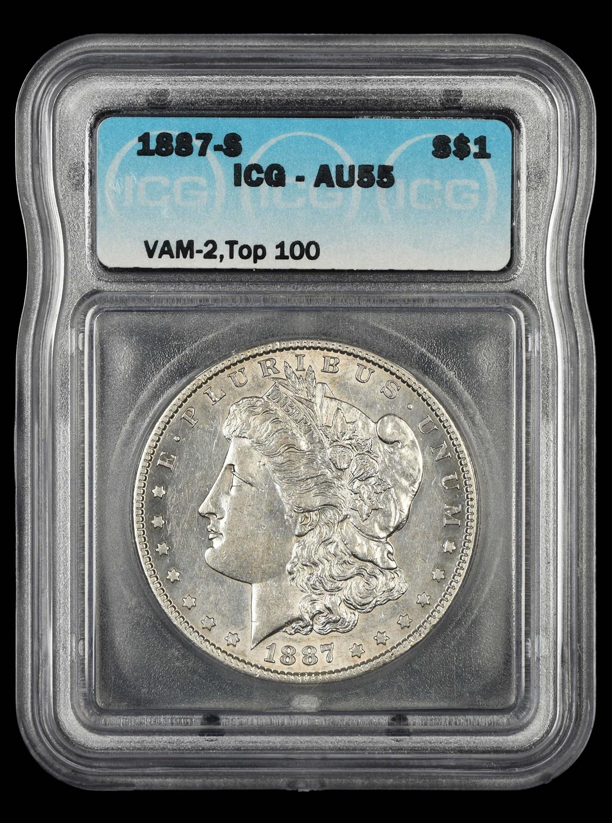 1887 S $1 VAM-2 Top 100 ICG AU 58