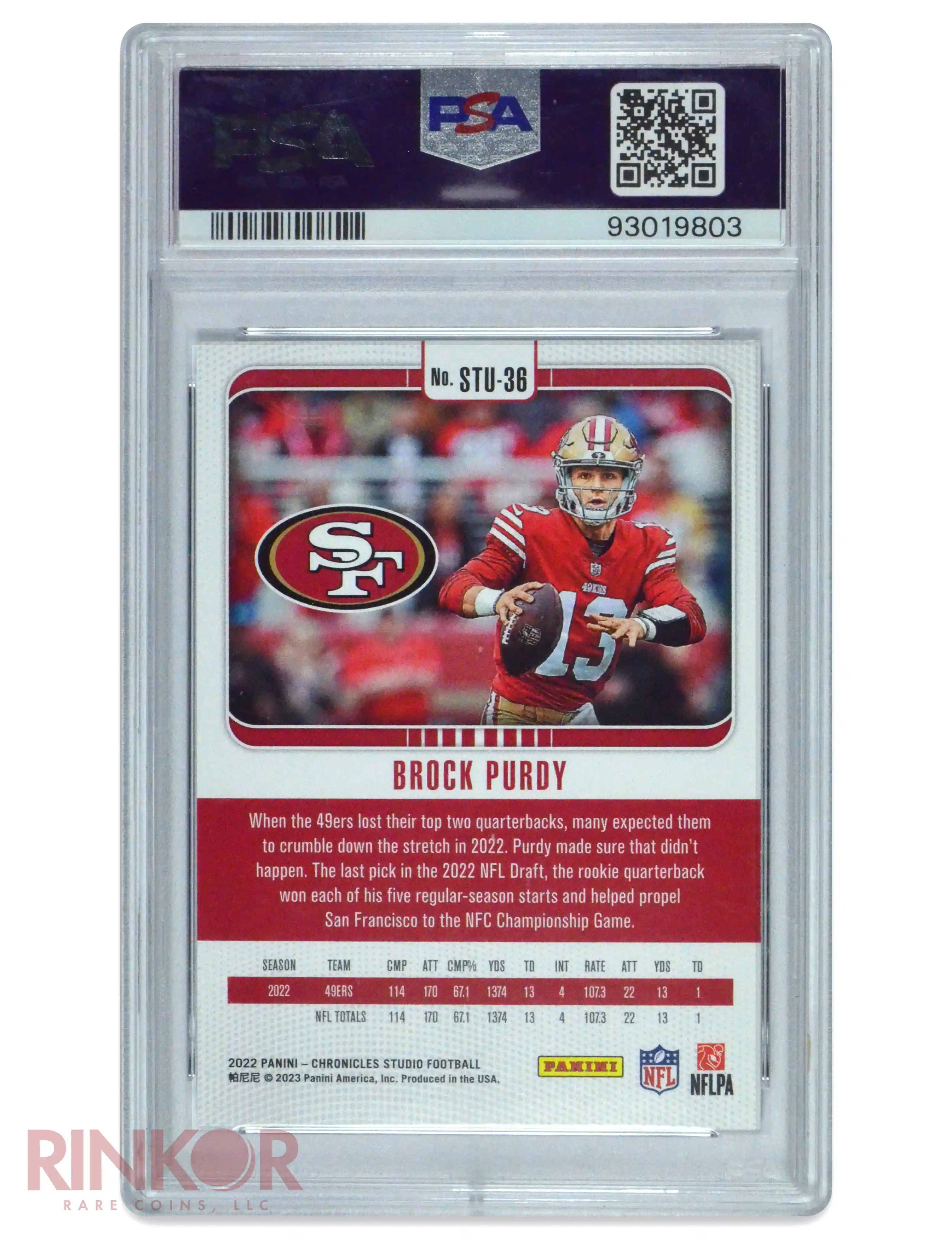 2022 Chronicles Studio Blue Brock Purdy /49 PSA MINT 9