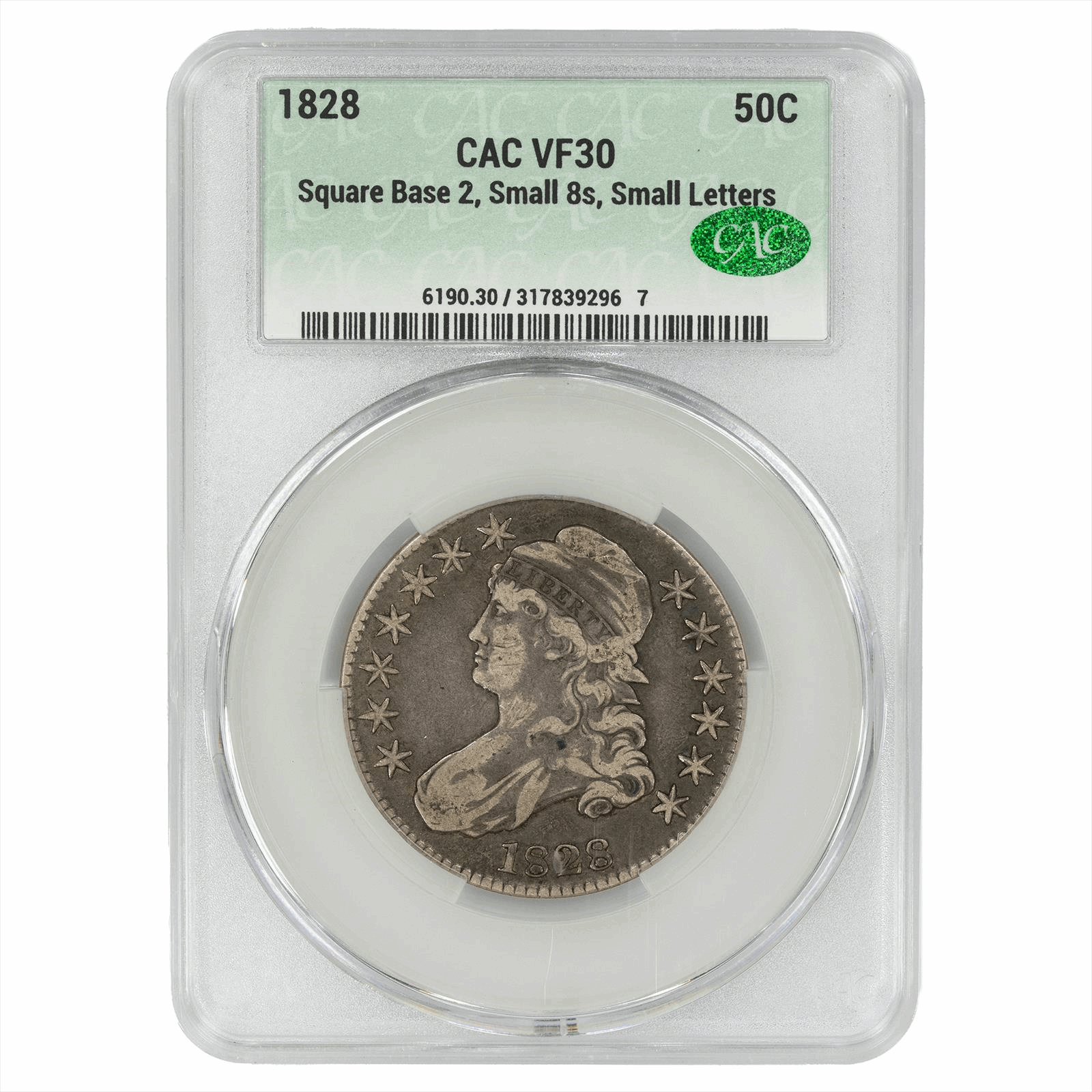 1828 Square Base 2 Small 8s Sm Letters Capped Bust  Half Dollar CACG VF 30 CAC