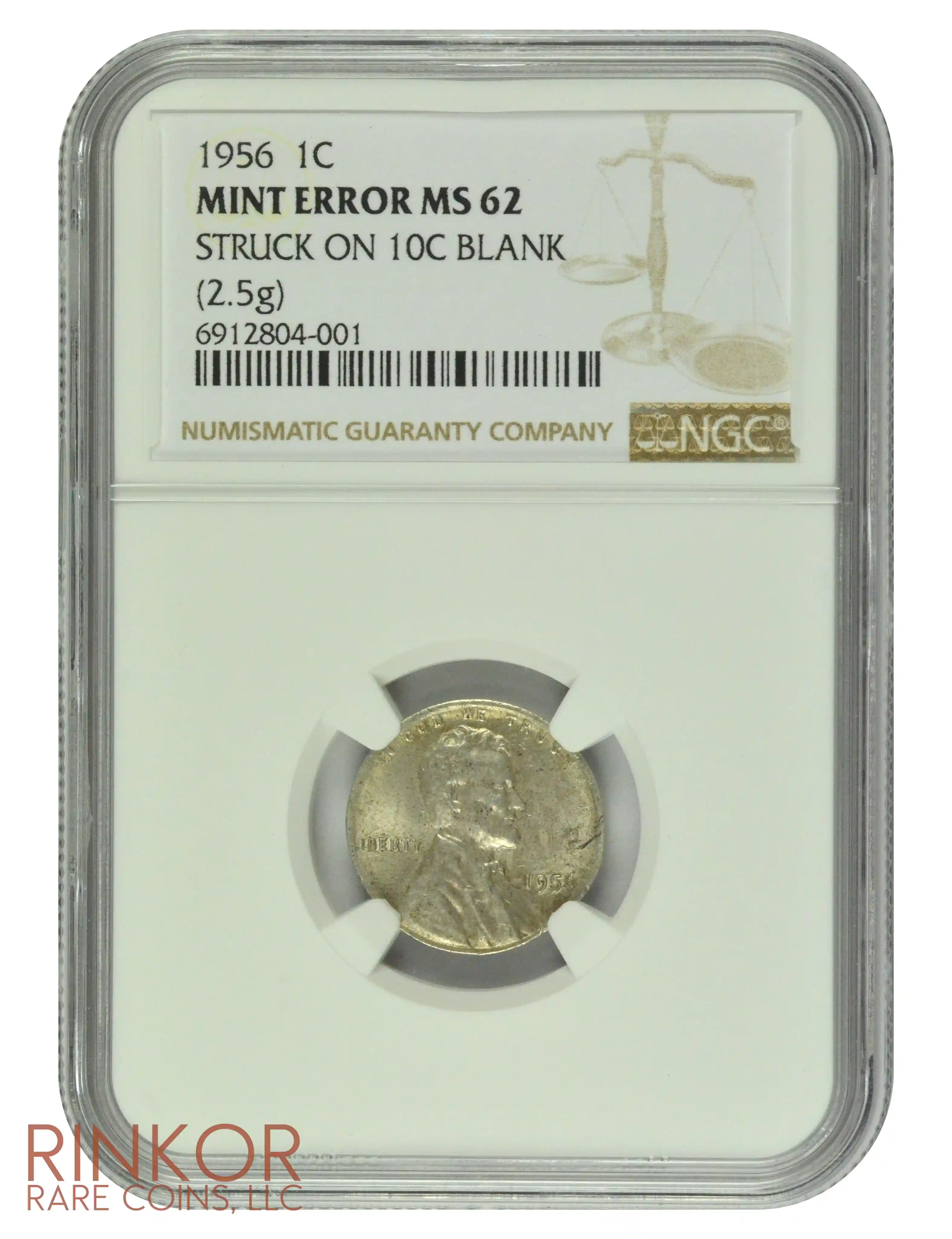 1956 Wheat Cent Mint Error Struck On 10 Cent Blank NGC MS 62