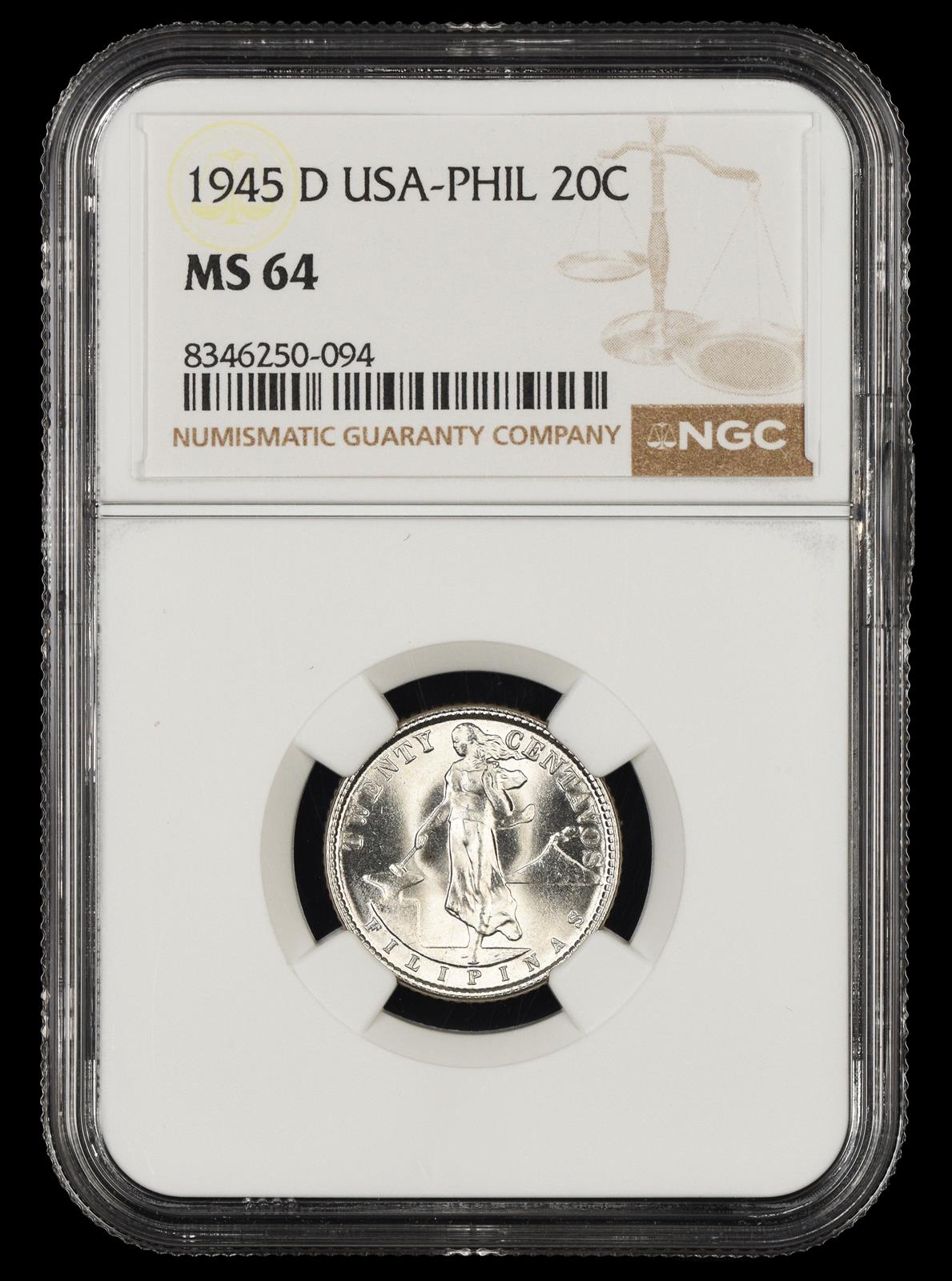 1945 D Philippines 20 Centavos NGC MS64
