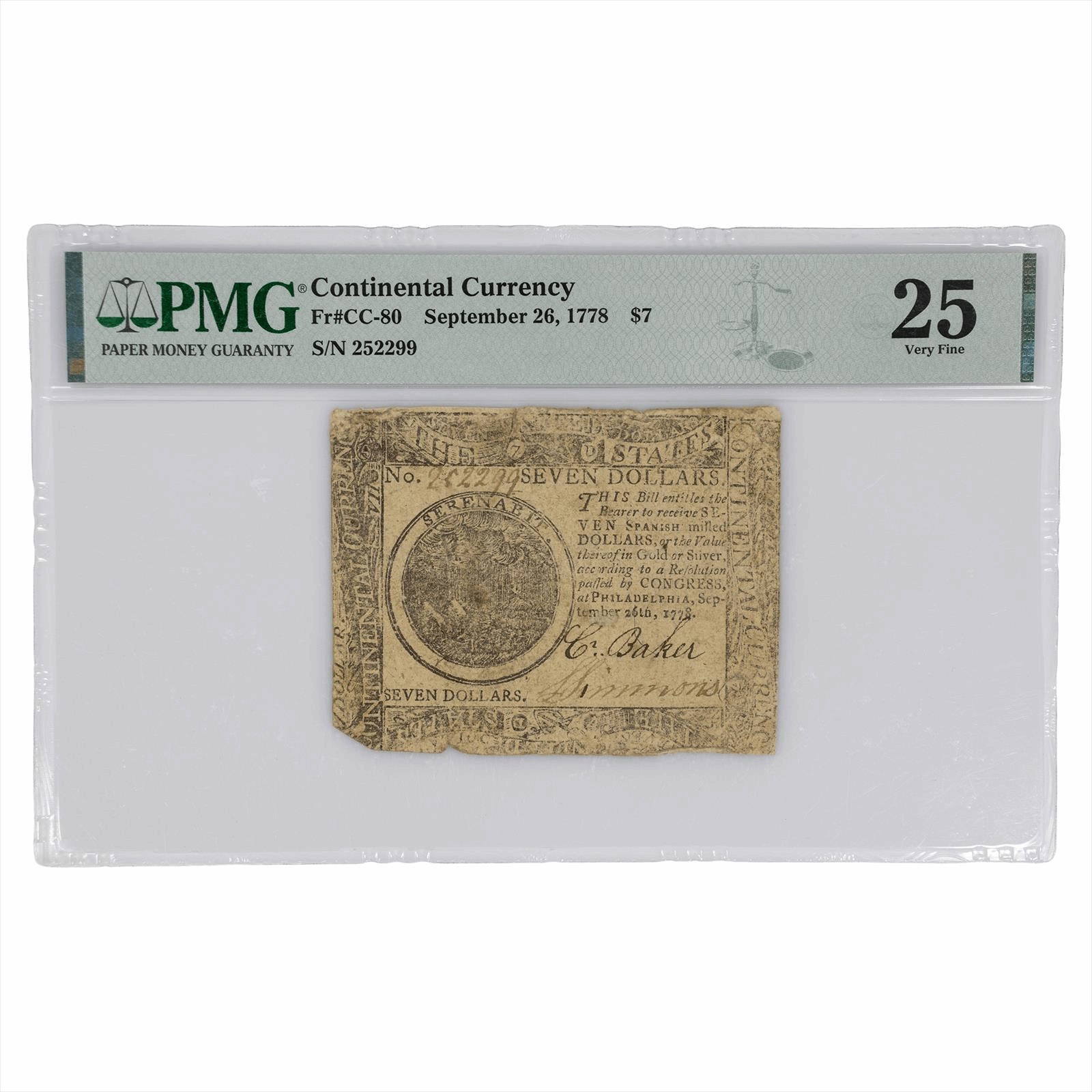 Sep 26, 1778 Continental Currency $7 FR# CC-80 PMG VF 25