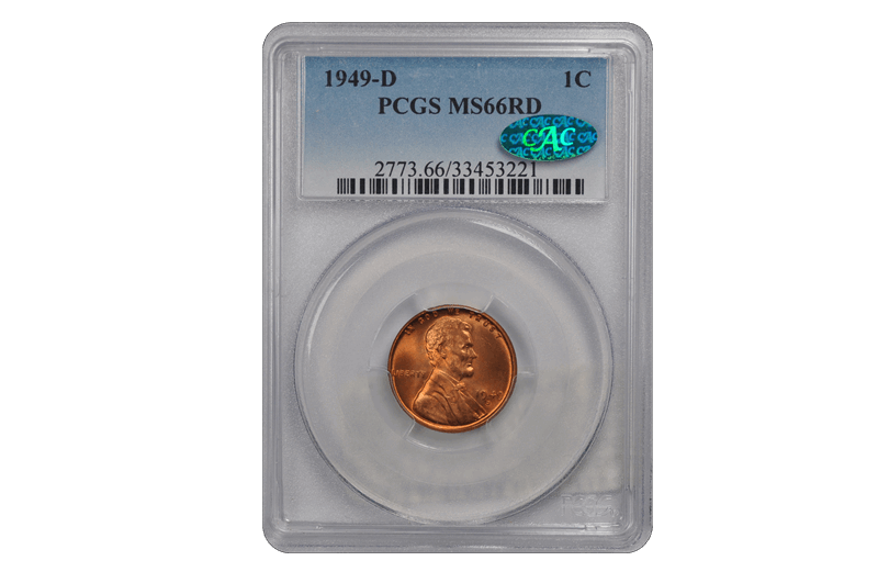 1949-D 1C Lincoln Cent - Type 1 Wheat Reverse PCGS RD (CAC) #3616-2 MS66