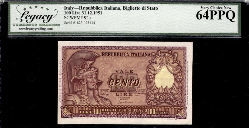 ITALY REPUBBLICA ITALIANA BIGLIETTO DI STATO 100 LIRE 31.12.1951 VERY CHOICE NEW 64PPQ 