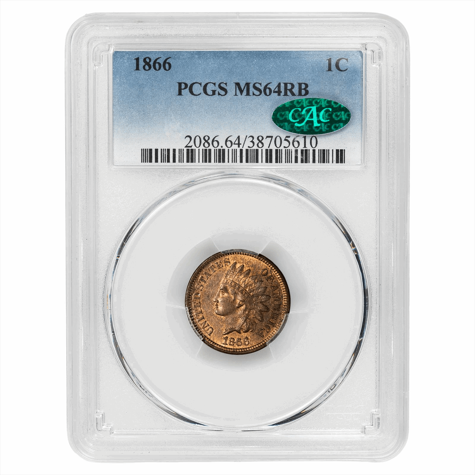 1866 Indian Head Cent 1C PCGS MS 64 RB CAC