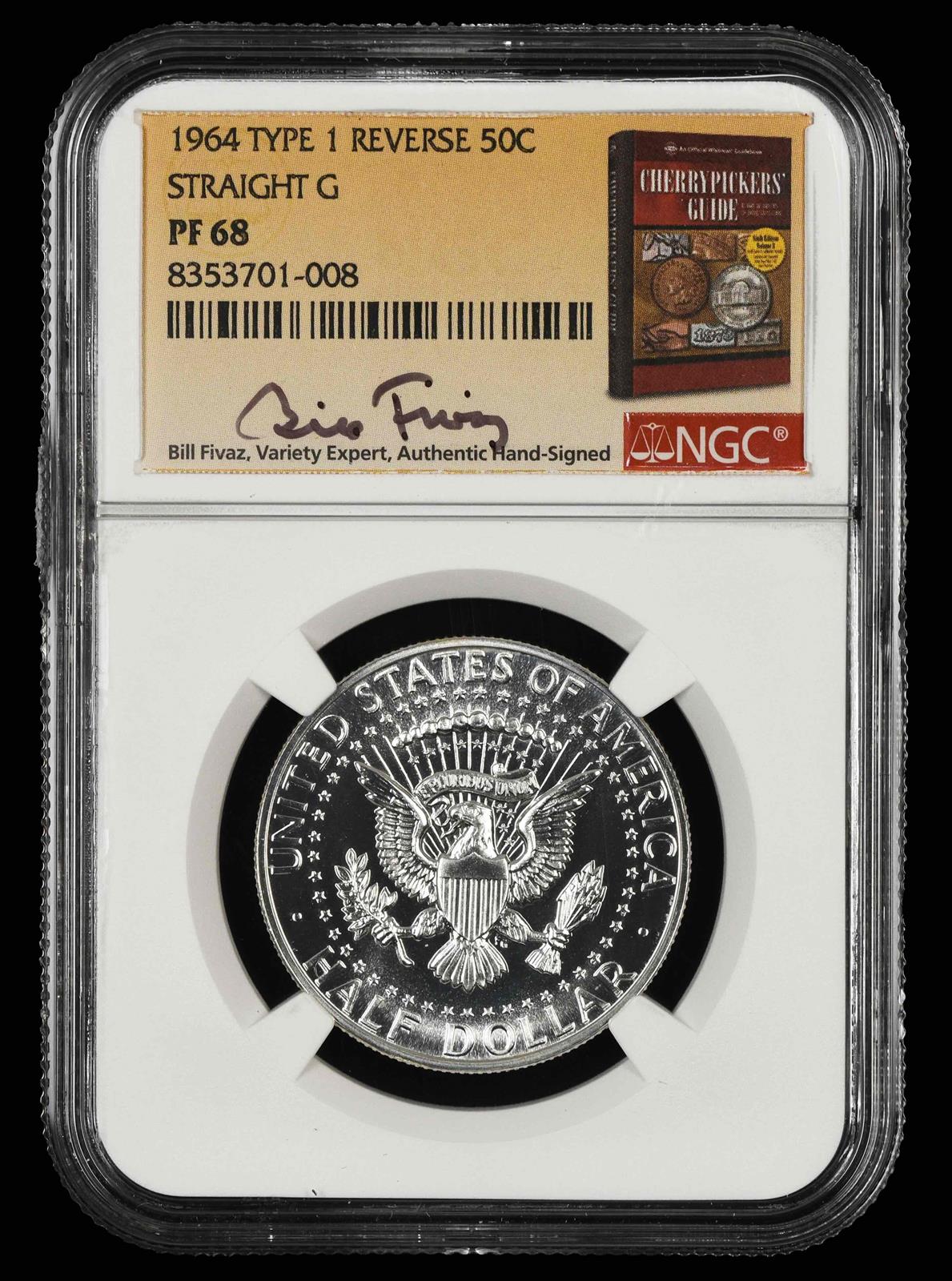 1964 Type 1 Reverse Kennedy Half Dollar Straight G Bill Fivaz Signature Label NGC  PF 68