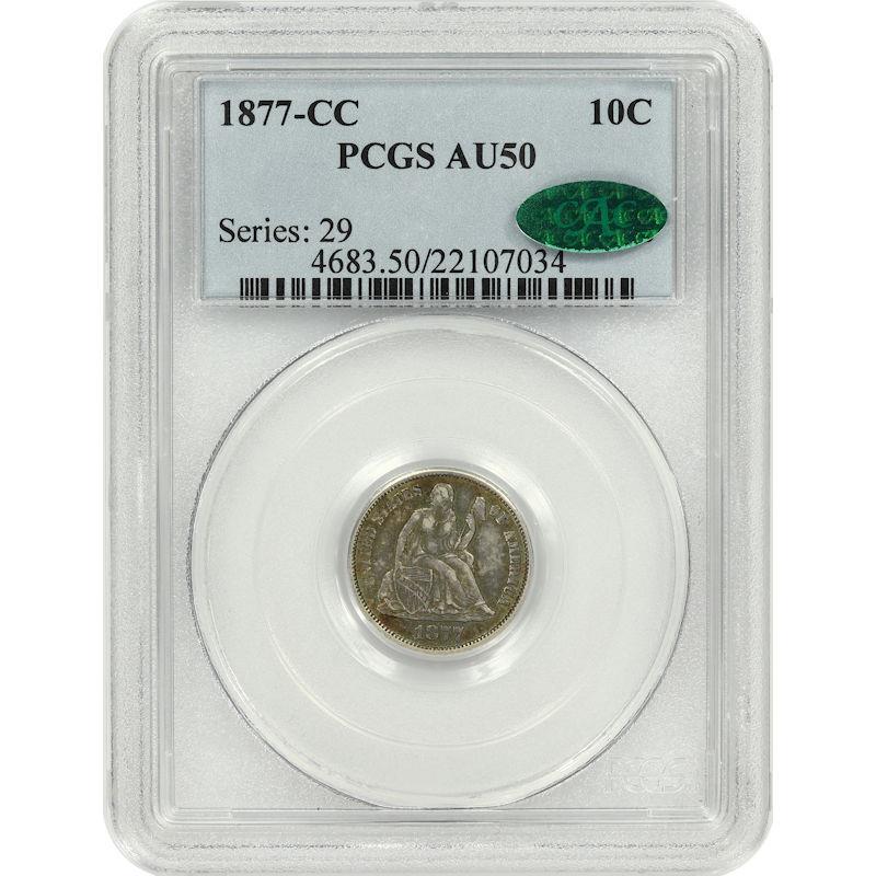 1877-CC Seated Liberty Dime 10C PCGS and CAC AU50 Carson City Mint coin!