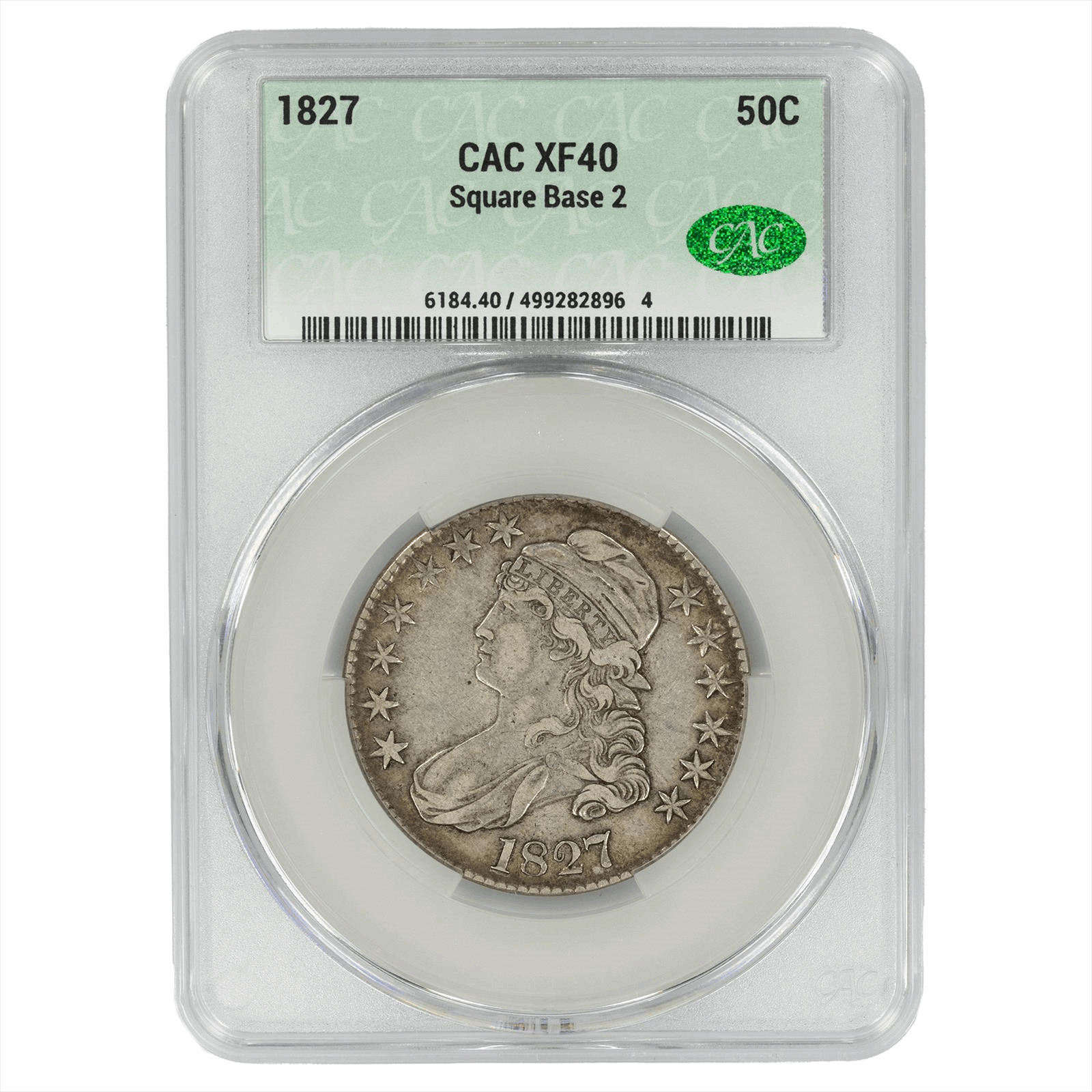 1827 Square Base 2 Capped Bust CACG XF 40 CAC