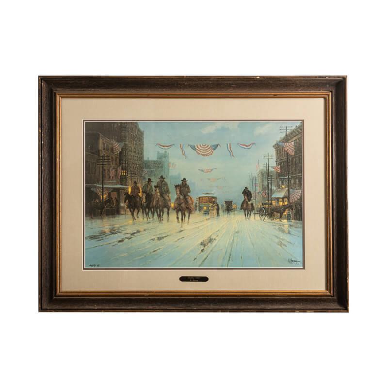 Dallas 1908 by G. Harvey. Lithograph Cowboys on Horseback Down Main Street 