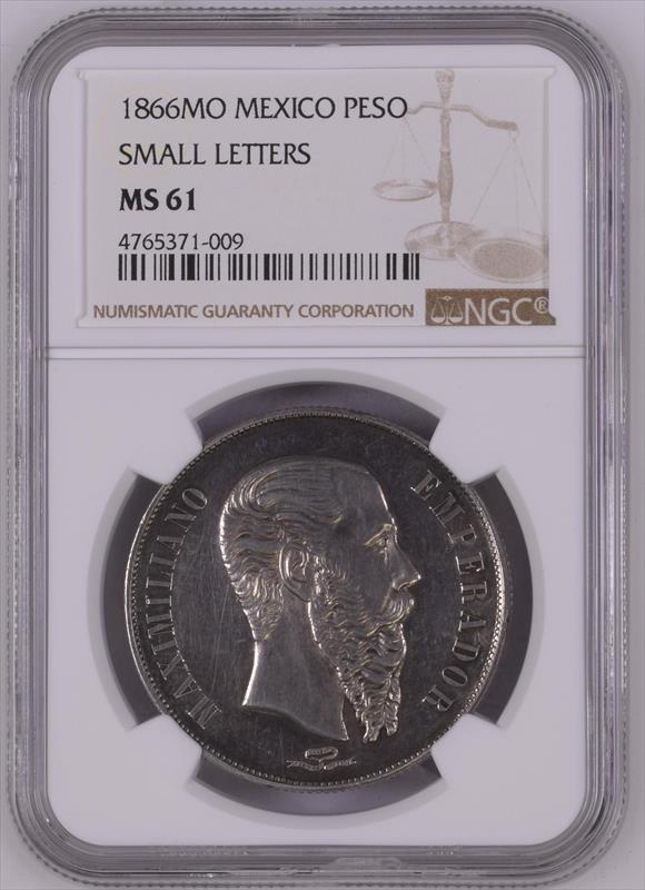 1866 Mo Mexico Small Letters Maximilian Peso NGC MS 61