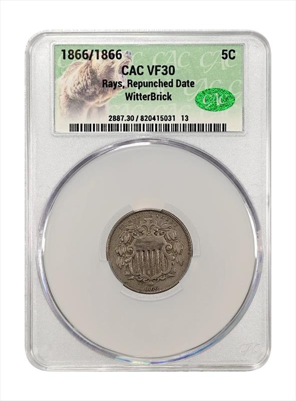 1866/1866 Rays, Repunched Date 5c CACG VF30 WitterBrick