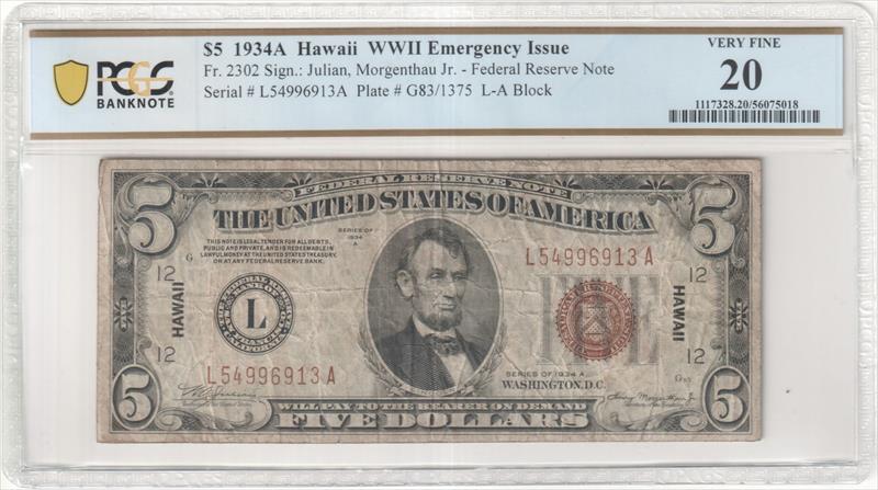 Fr. 2302 1934A $5 Hawaii WWII Emergency Issue PCGS VF20 