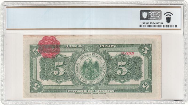 1915 5 Pesos Mexico-Revolutionary Sonora Pick #  S1072 M3822a PCGS VF 35 