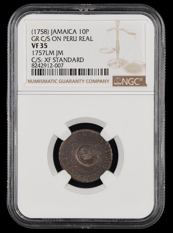 (1758) Jamaica 10 Pence Counterstamp on 1757 LM JM Peru Real NGC VF-35