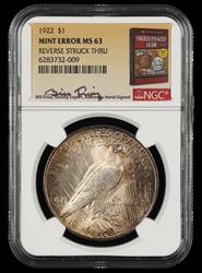 1922 $1 Mint Error Reverse Struck Thru Bill Fivaz Signature Label NGC MS63