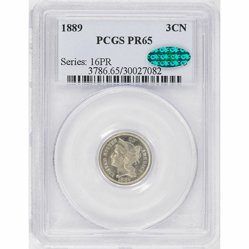 1889 3c Nickel Three Cent Piece PROOF - PCGS PR65 CAC - Old Holder