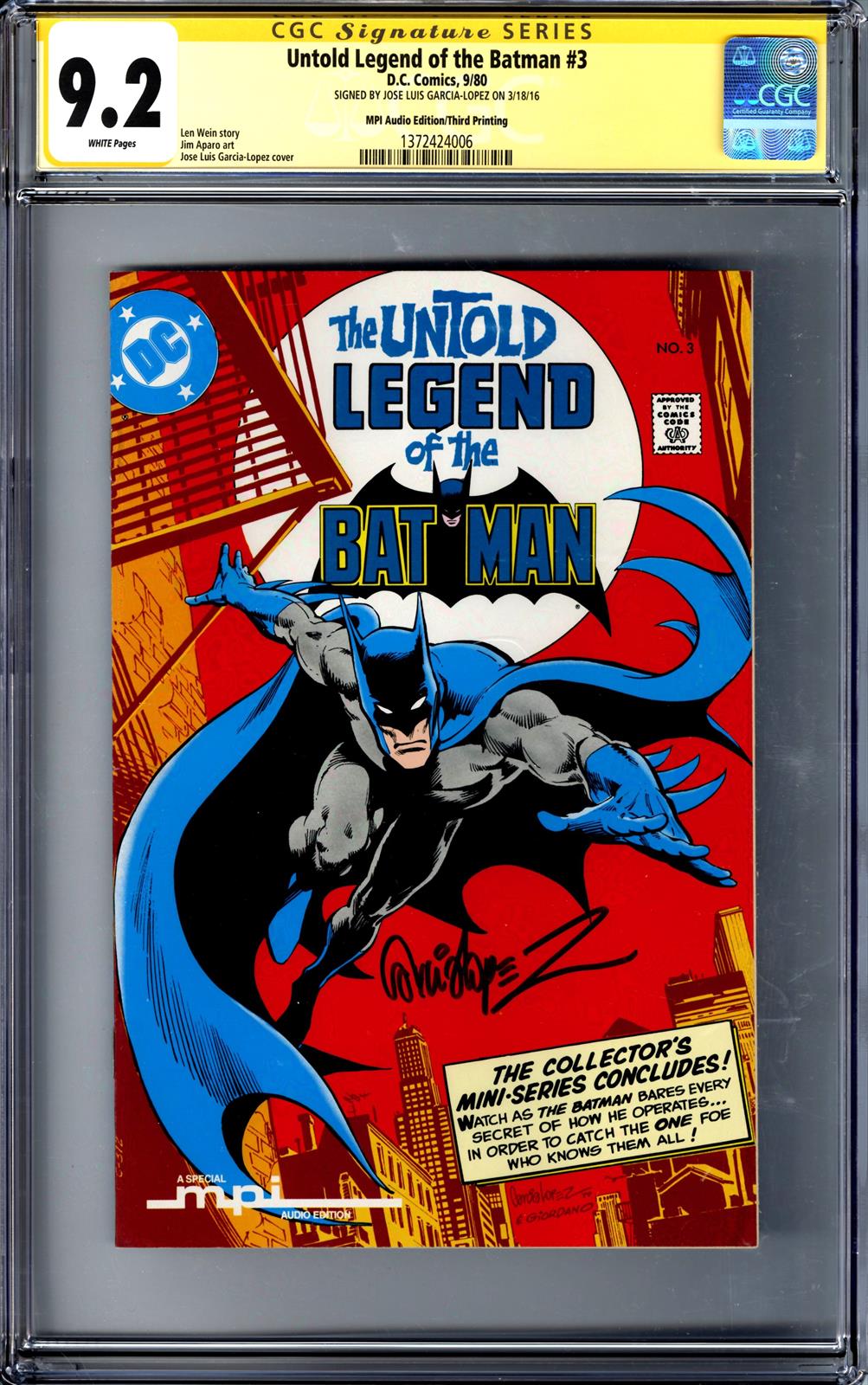 Untold Legend of the Batman #3 DC Comics 9/80 Signed by Jose Luis Garcia Lopez CGC Signature Series 9.2