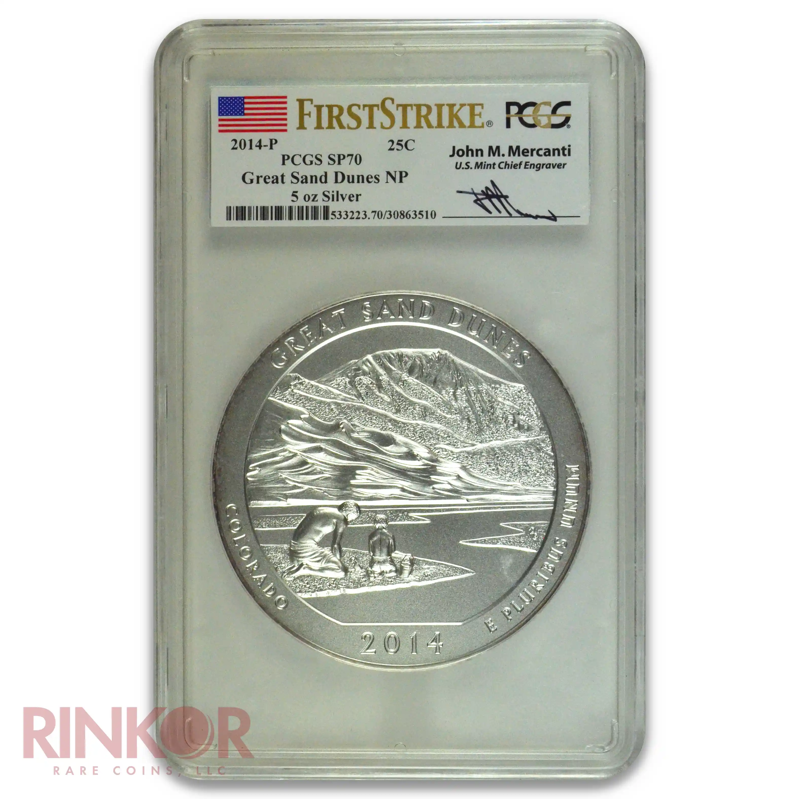 2014-P 5oz America the Beautiful Great Sand Dunes First Strike Mercanti PCGS SP 70