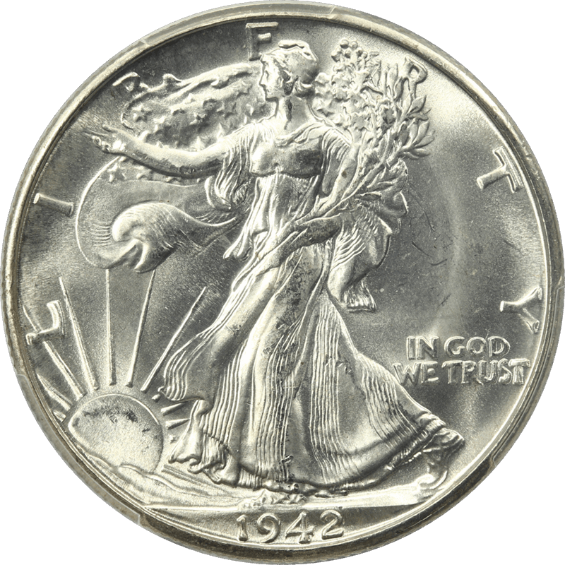 1942-D Walking Liberty Half Dollar 50c, PCGS MS 66  - Nice White Coin
