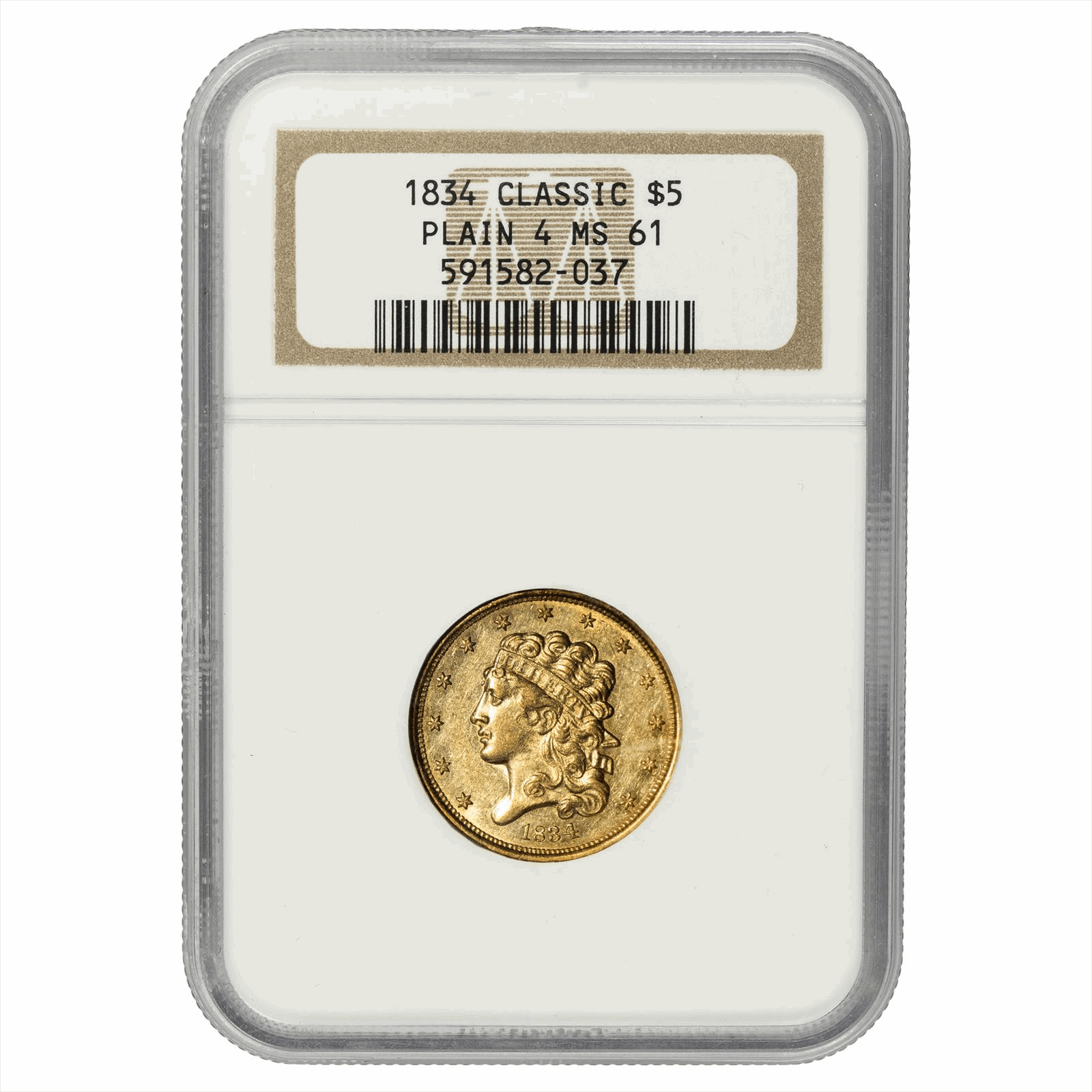 1834 Plain 4 Classic Head Gold Half Eagle $5 NGC MS 61