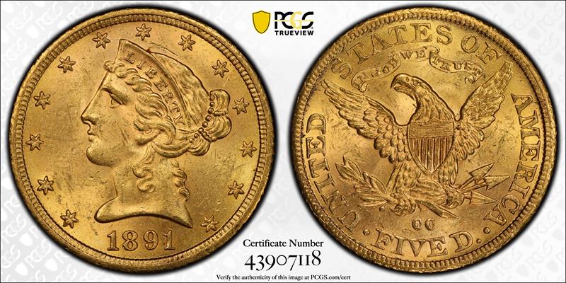 1891-CC $5 PCGS MS 63 CAC