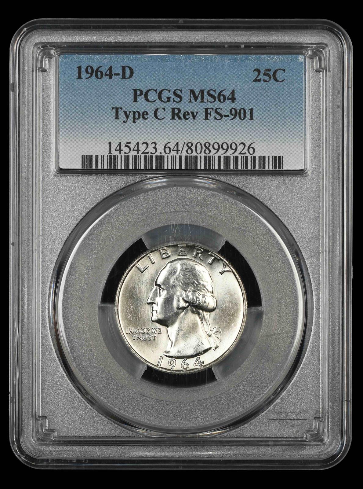 1964 D Washington Quarter PCGS MS64 Type C Reverse FS-901 MS64