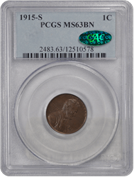 1915-S 1C Lincoln Cent - Type 1 Reverse PCGS BN (CAC) #3492-1 MS63