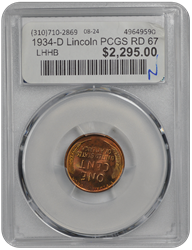 1934-D Lincoln PCGS RD 67