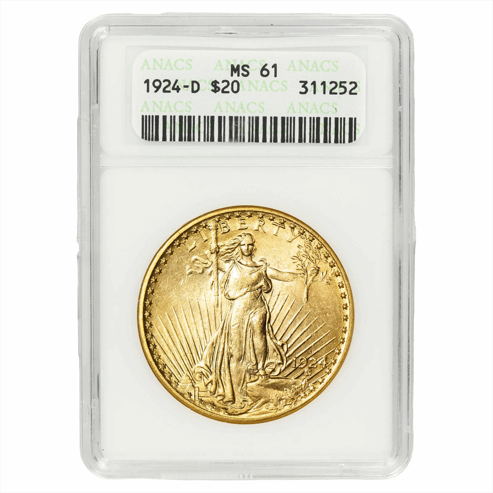 1924-D Saint Gaudens Double Eagle $20, ANACS MS 61 - Scarce Issue